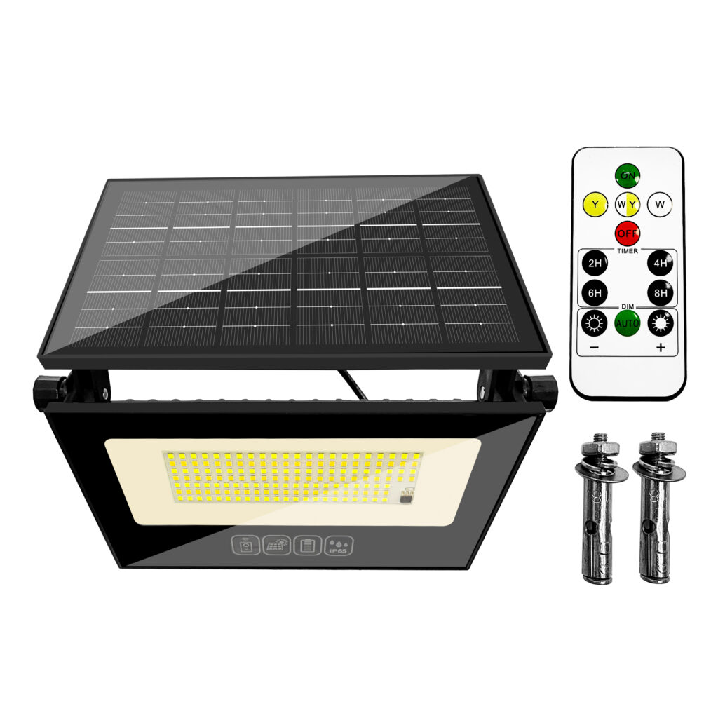 Foldable Solar LED Flood Light with Remote Control, Timer and Adjustable Solar Panel (1)